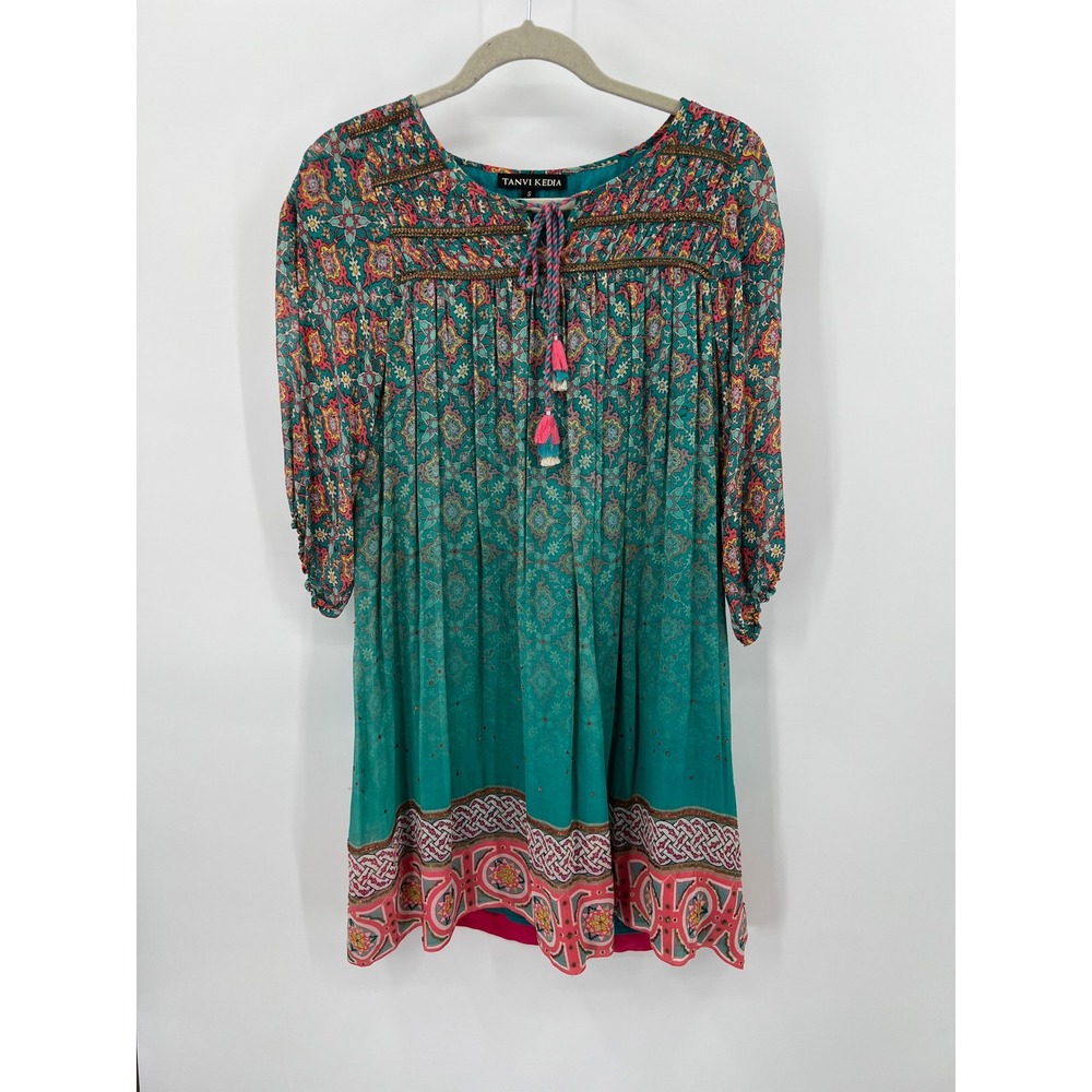Tanvi Kedia Teal Boho Paisley Beaded Tassel Tunic‎ Dress Small